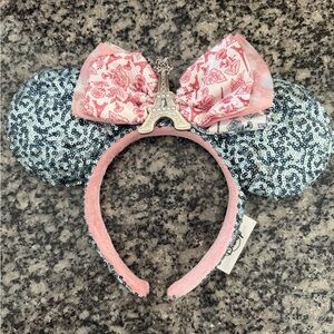 Disney Pink Bow & Silver Sequin Minnie Ear Headband with Eiffel Tower Charm